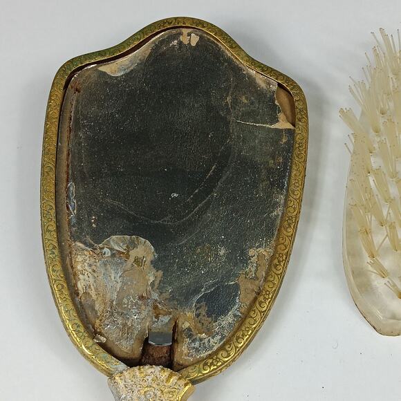 Vintage Hair Brush Brown Marble Like Back Golden Handle Clear Bristles Removable - Picture 9 of 16